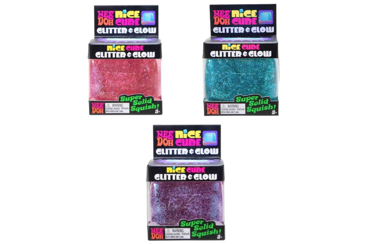 NeeDoh Nice Cube Glitter and Glow Squishy Fidget Toy Set of 3 Pink/Purple/Blue